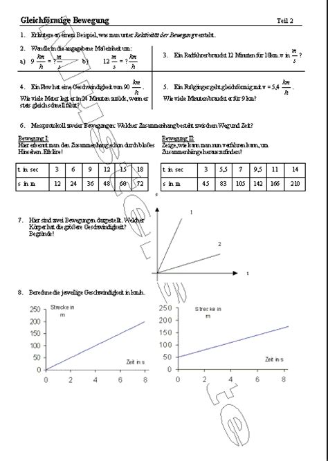 Aufgaben Teil 2 Gleichförmige Bewegung Arbeitsblätter Schule Physik