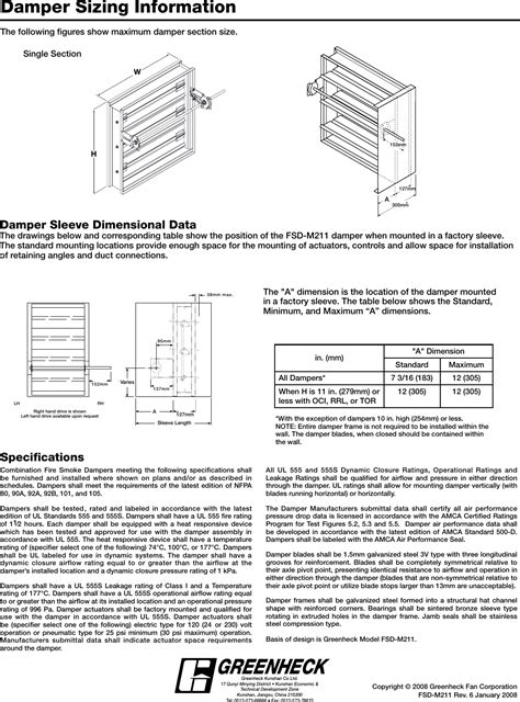 Greenheck Fan Combination Fire Smoke Dampers Fsd M211 Users Manual