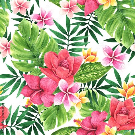 Seamless floral pattern of tropical flowers and leaves. Botanical wallpaper illustration in ...