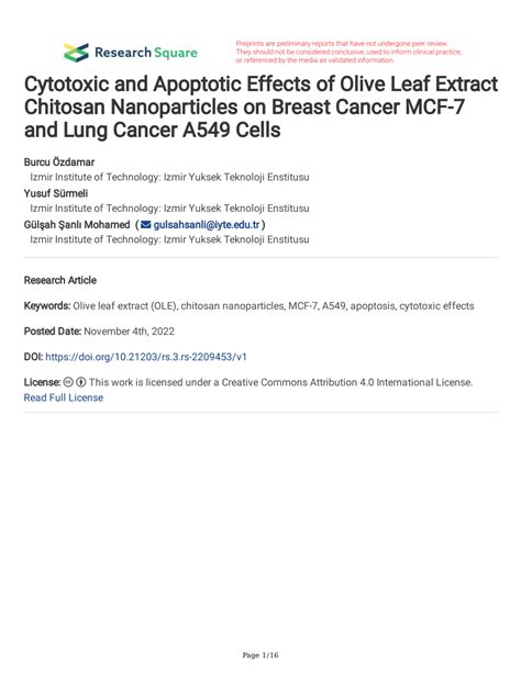 Pdf Cytotoxic And Apoptotic Effects Of Olive Leaf Extract Chitosan