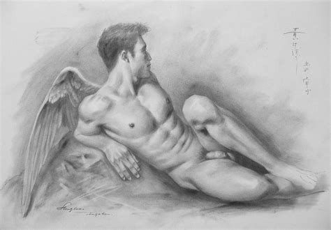 Original Drawing Sketch Charcoal Chalk Angel Of Male Nude Gay Man Art