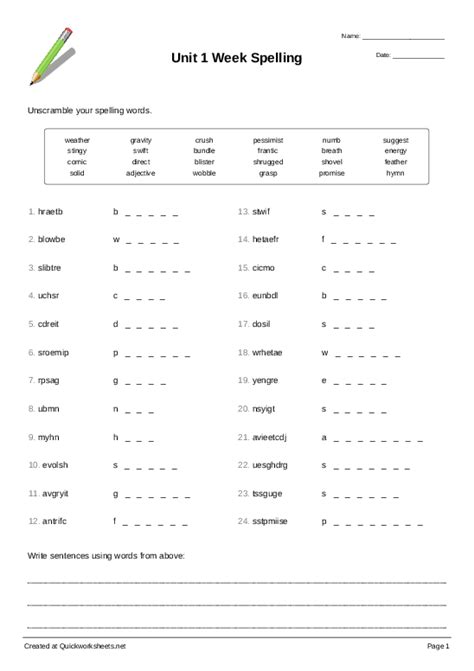 Unit 1 Week Spelling Word Scramble Quickworksheets