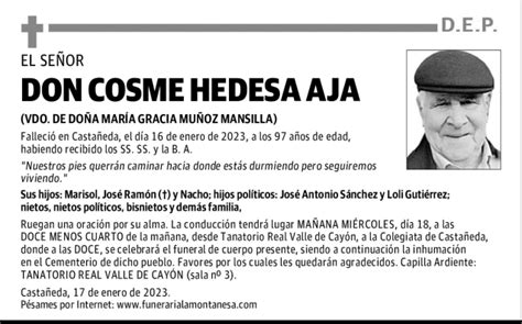 Don Cosme Hedesa Aja Esquela Necrol Gica El Diario Monta S