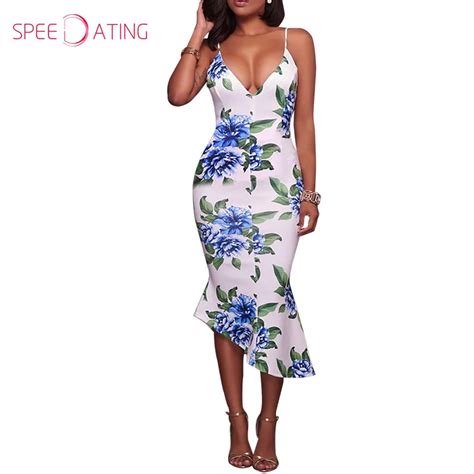 Sexy V Neck Floral Printed Spaghetti Strap Asymmetric Women Dress