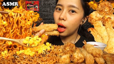 ASMR Samyang Nuclear Fire Noodles With CORN CHEESE TAKOYAKI Ebi Furai