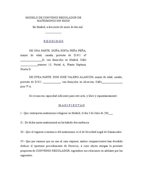 Modelo De Convenio Regulador De Matrimonio Sin Hijos Pdf Matrimonio