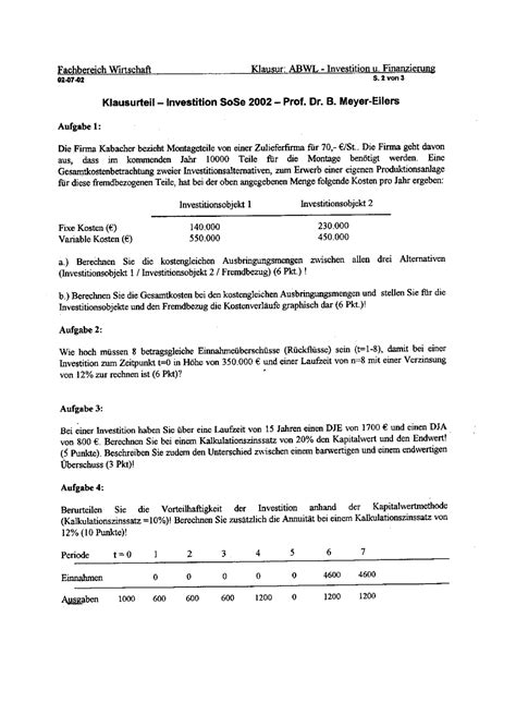 Klausur Inv Sommersemester Investition Und Finanzierung