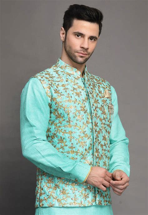 Buy Embroidered Art Silk Nehru Jacket In Light Blue Online Mxx120