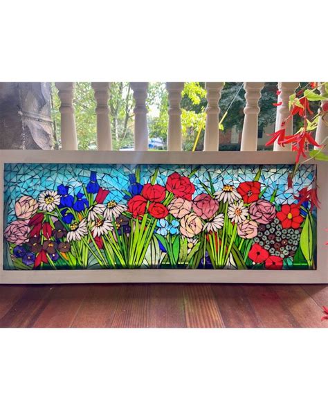 Mixed Flower Stained Glass Window Framed Hanging Glass Art Large