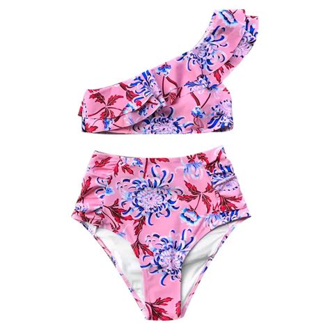 Buy Cupshe Pink Flora Print One Shoulder Ruffle Bikini