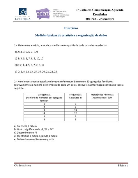 Aula número 05 2 Exercícios Medidas básicas de Estatística