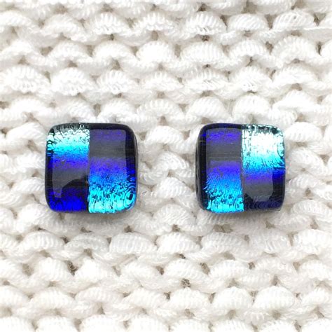 Fused Glass Stud Earrings Dichroic Glass Blue Silver Etsy UK Fused