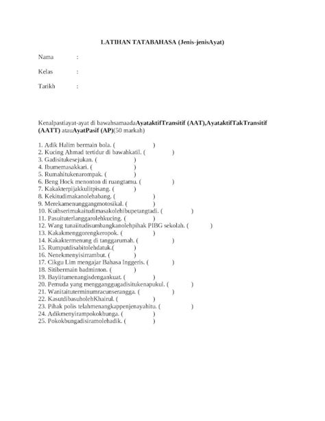 Docx Latihan Tatabahasa Jenis Ayat Tingkatan Pdfslide Tips