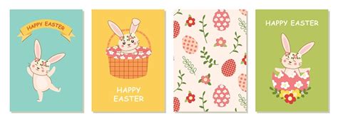 Cute Easter Cards Or Posters Collection Spring Set Of Easter Bunny Vector Illustration With