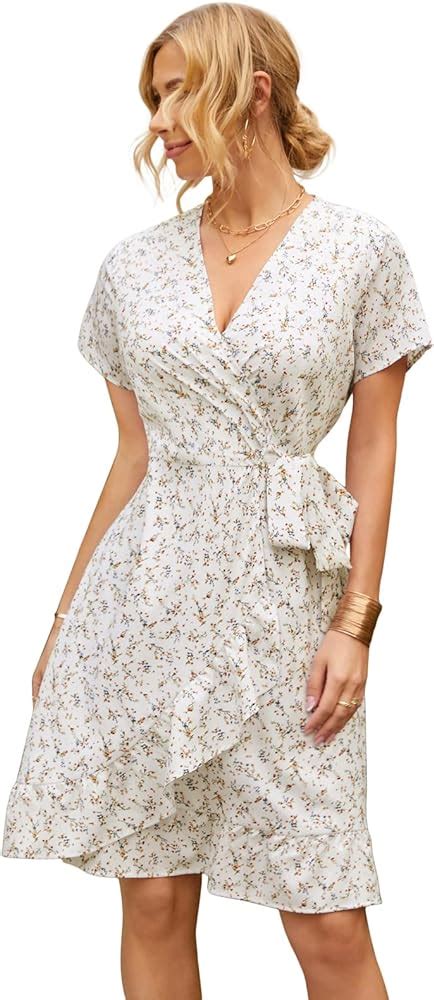 Kate Kasin Women Mini Dress Wrap V Neck Casual Summer Dress Short