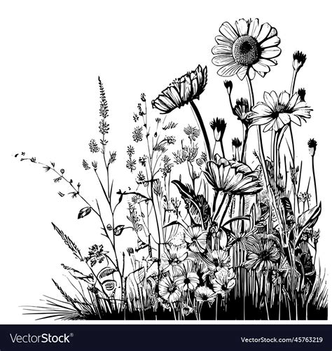 Part of field wild flowers sketch hand drawn Vector Image