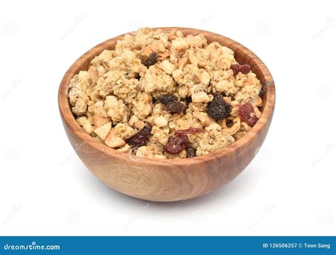 Crunchy Oat Granola Cereal With Dried Fruits In Wooden Bowl Stock Image