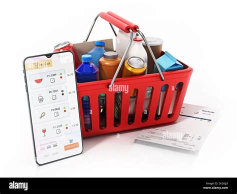 Smartphone And Receipt Standing Next To The Shopping Basket Online