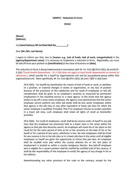 Fillable Online Personnel Wv SAMPLE Reduction In Force Date Name