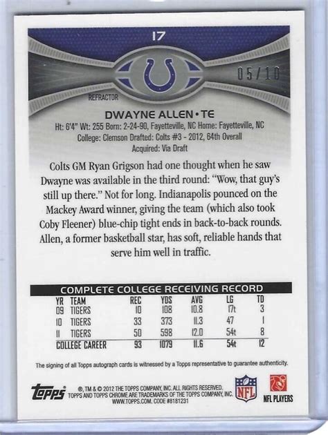 DWAYNE ALLEN 2012 TOPPS CHROME GOLD REFRACTOR ROOKIE AUTO RC D 05 10