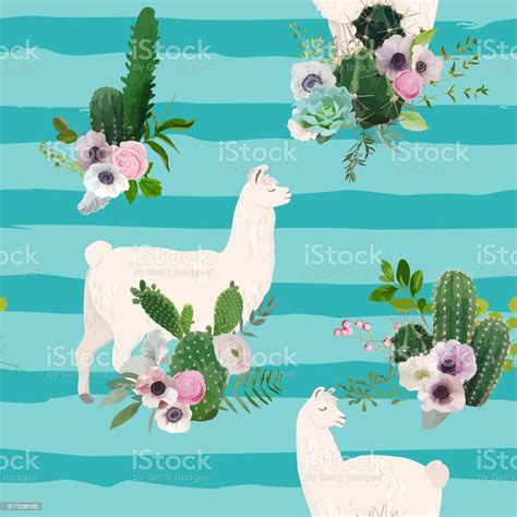 Llama And Cactus Seamless Pattern Lamas Wildlife Nature Background For