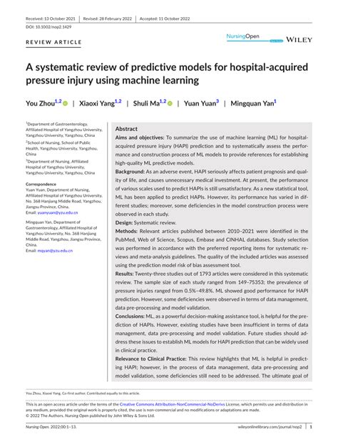 Pdf A Systematic Review Of Predictive Models For Hospital‐acquired Pressure Injury Using