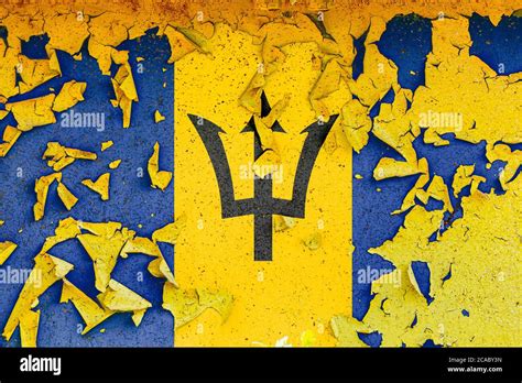 The National Flag Of Barbados Is Painted On An Old Metal Wall With Ragged Paint Country Symbol