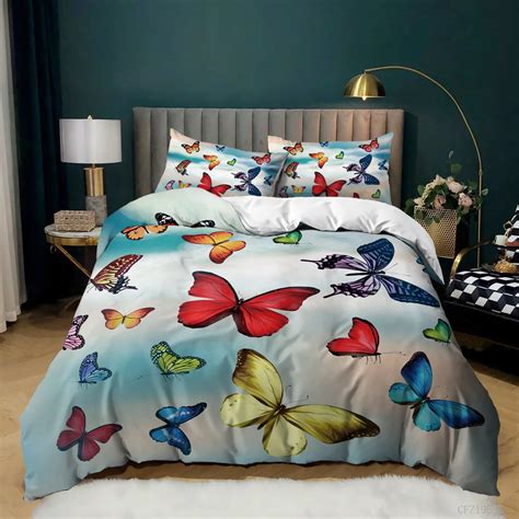 Purple Flower Duvet Cover Set Queen Size Blue Butterfly Comforter Cover With 2 Pillowcases