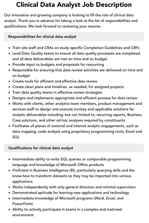 Clinical Data Analyst Job Description Velvet Jobs