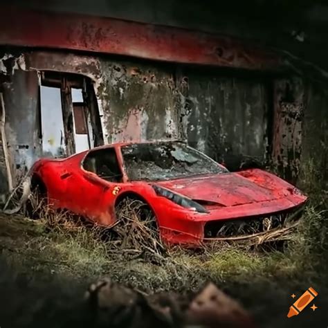 Abandoned Ferrari 458 Italia In A Rusty Barn On Craiyon