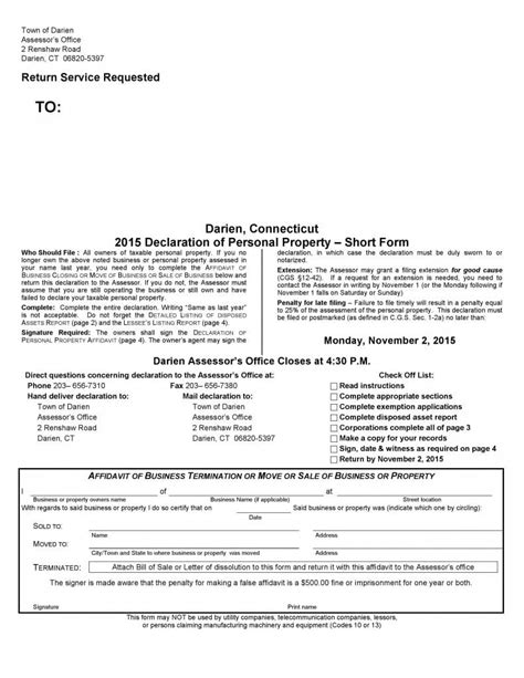 Free Darien Connecticut 2015 Declaration Of Personal Property Short Form Pdf Template