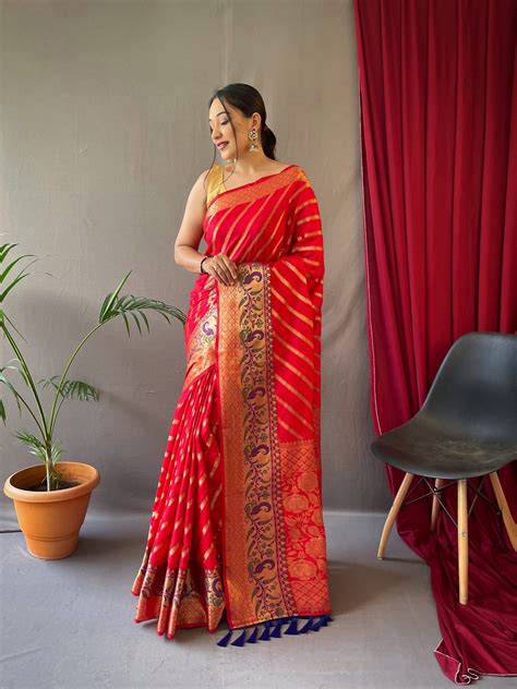 Buy Online Gold Zari Lehariya Woven Banarasi Soft Silk Saree Red Af879