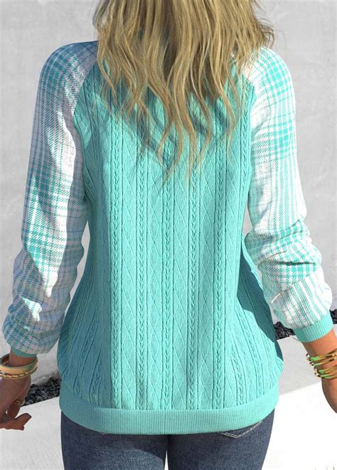 ROTITA Tartan Print Cyan V Neck Long Sleeve Sweatshirt Rotita