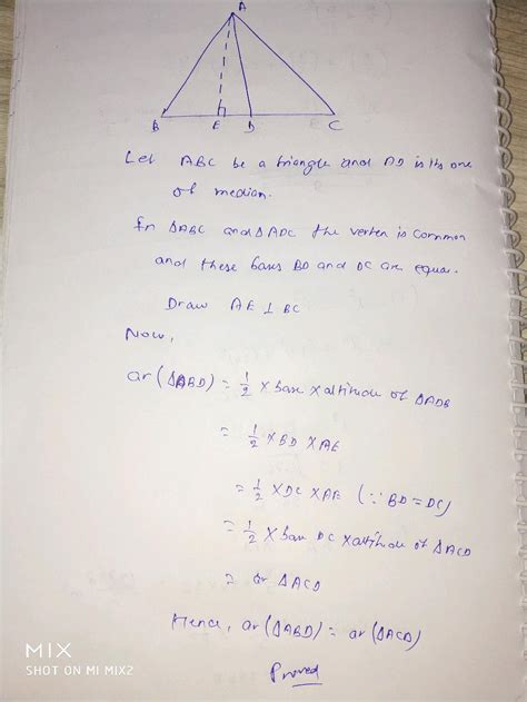 Show That The Median Of A Triangle Divides It Into Two Triangles Of Equal Areas