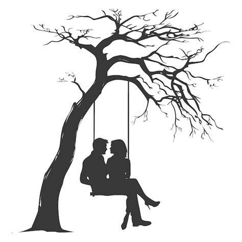 Silhouette Of A Couple On A Swing Hanging From A Bare Tree Premium Ai