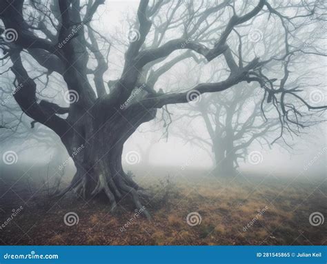 Double Exposure Tree And Foggy Landscape Stock Illustration