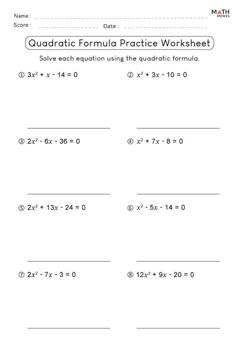 Quadratic Formula Worksheets Math Monks