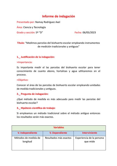 Informe de indagación indorme de indagacion Informe de indagación