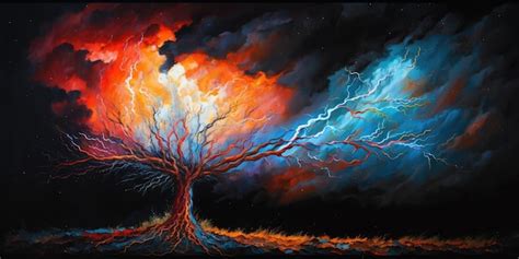 Premium Photo | A painting of a tree with lightning and lightning