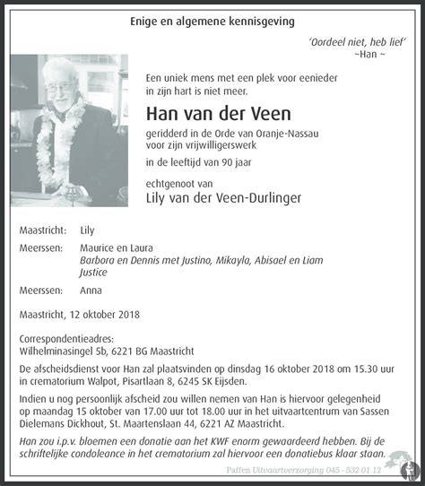 Han Van Der Veen Overlijdensbericht En Condoleances