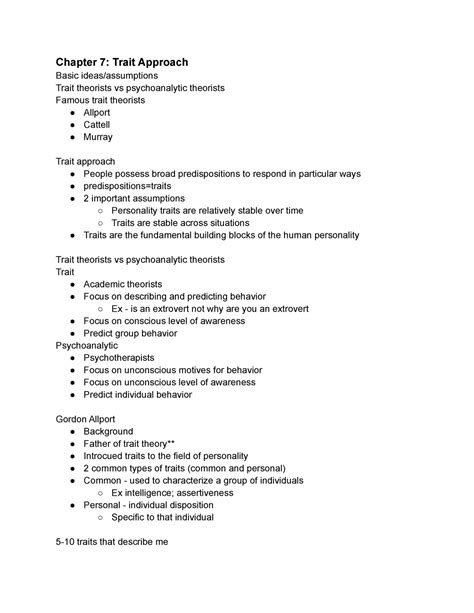 Psych 351 Ch 7 Lecture Notes 7 Chapter 7 Trait Approach Basic