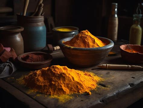 Premium Ai Image A Table With A Bowl Of Turmeric On It