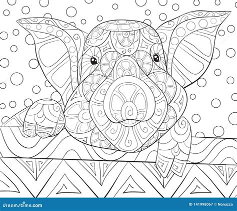 Adult Coloring Bookpage A Cute Pig With Ornaments Image For Relaxing