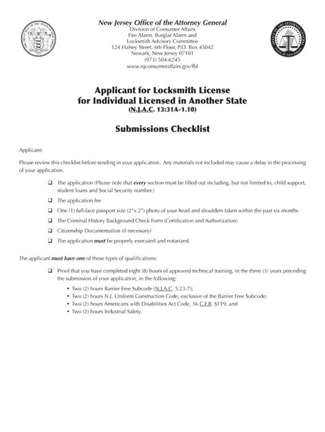 Fillable Online Njconsumeraffairs Application For A Locksmith License