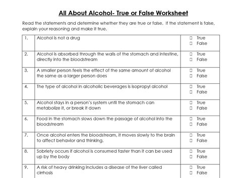 All About Alcohol True False Worksheet Health Teaching Resources