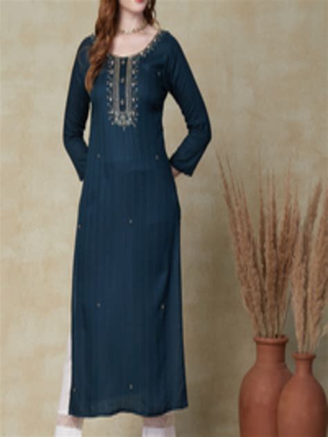 Buy Fashor Teal Blue Floral Embroidered Beads And Stones Kurta Kurtas