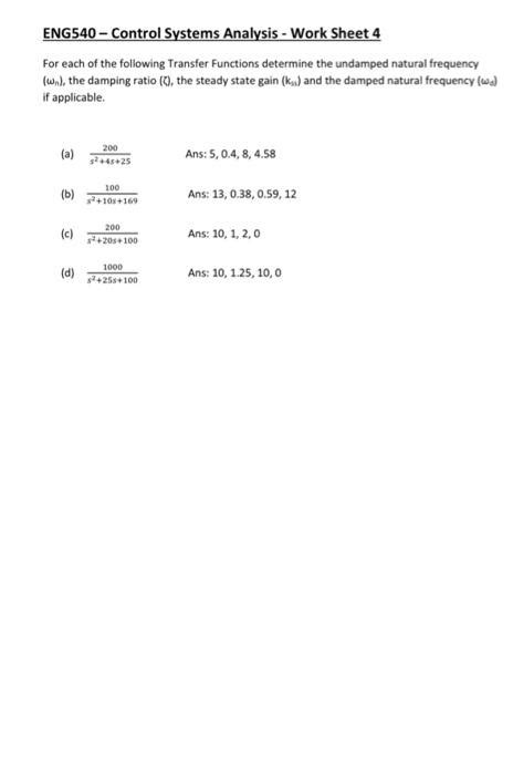 Solved Eng540 Control Systems Analysis Work Sheet 4 For