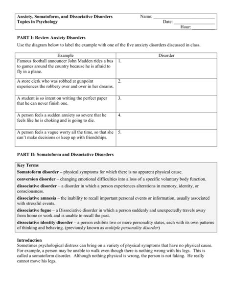 Anxiety Somatoform And Dissociative Disorders Homework