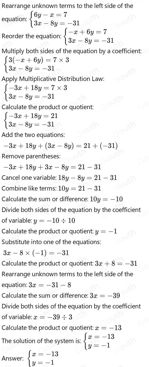 Solved Solve The System By Substitution 6y 7 X 3x 8y 31 [math]