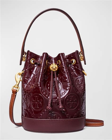 Tory Burch Mini T Monogram Patent Embossed Bucket Bag In Red Lyst